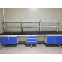 黑臺面湖藍柜配色+鋼木實驗桌+實驗室家具生產廠家